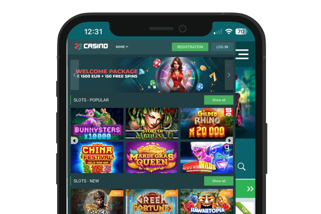 Lobby delle slot di 22Bit Casino su smartphone